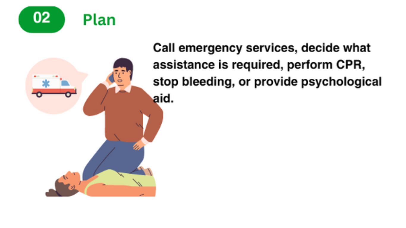 Step 2: Plan. Call emergency services, decide what assistance is required, perform CPR, stop bleeding, or provide psychological aid.
